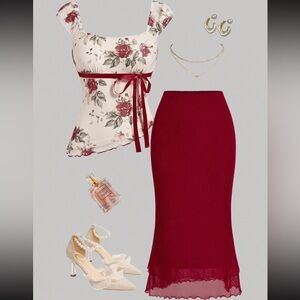 Women’s Burgundy Midi Pencil Skirt Two Piece Set